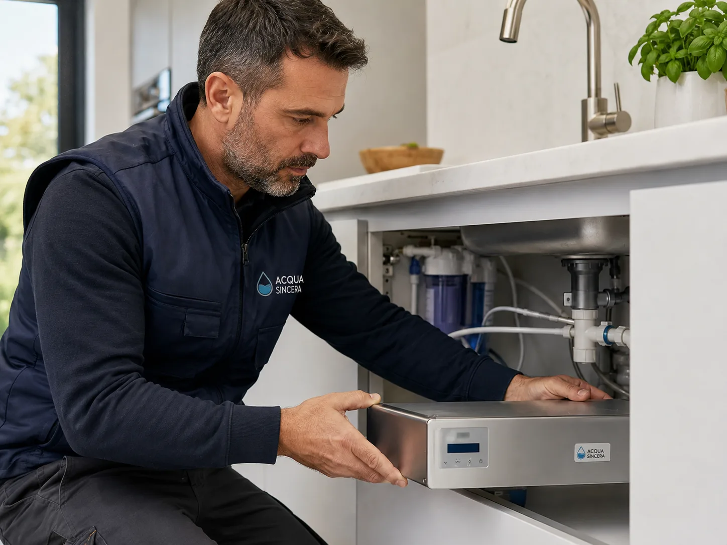 Ambientazione illustrativa di installazione sottolavello di un sistema a osmosi inversa con tecnico Acqua Sincera